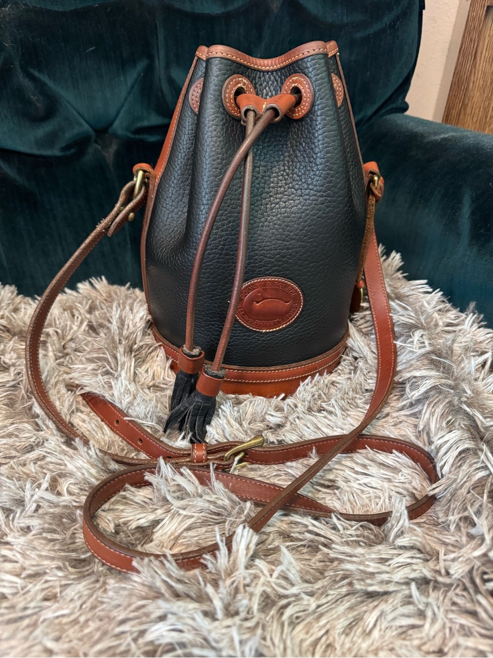 Vintage Dooney & Bourke Black Pebbled Leather Bucket Crossbody with Brown Trim